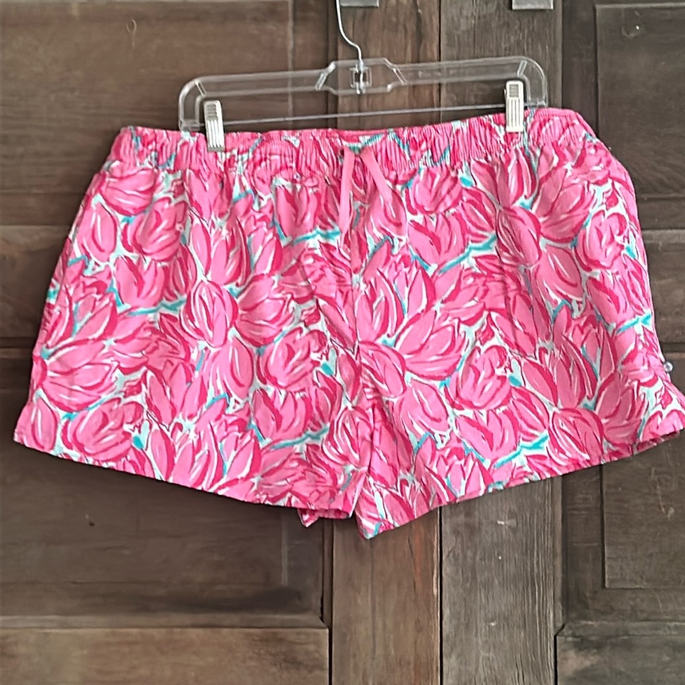 Lauren James Womens Shorts Pink Green Floral Print Size XL Tie Waist Pockets